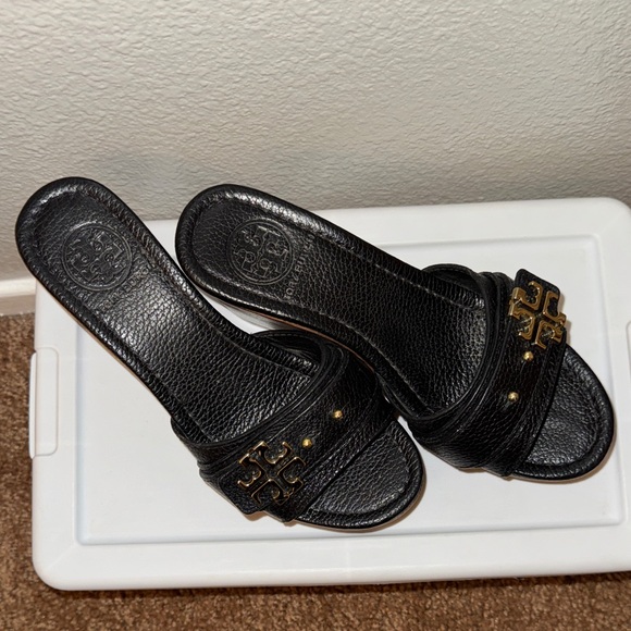 Tory Burch Black and Gold Wedge Sandals - Picture 3 of 10